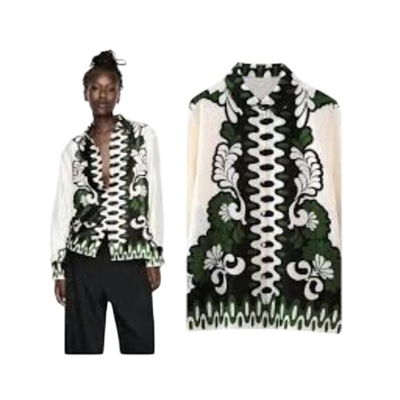 Zara long sleeve silky beige button front green floral trim blouse top SZ Large - Picture 7 of 7